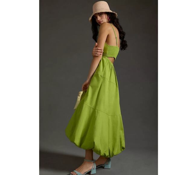 New By Anthropologie V-Neck Tiered Bubble-Hem Midi Dress $170 LARGE Green - Picture 2 of 8